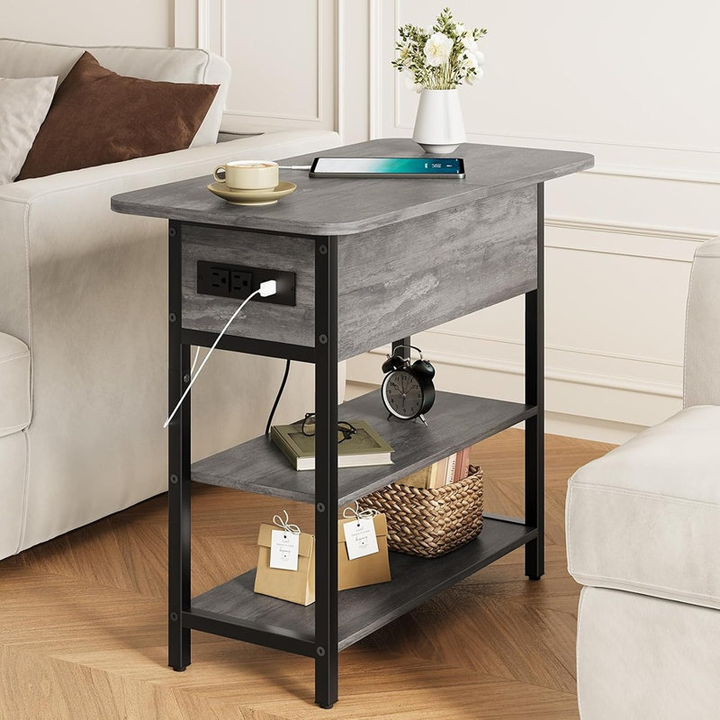 Table de bout grise avec station de charge, table d'appoint rabattable avec ports et prises USB, table de canapé étroite avec tablettes pour le salon, la chambre à coucher et les petits espaces