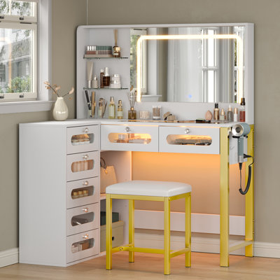 Vanity Desk with Mirror and Lights, 43" Big Modern Vanity Desk, Transparent Top Vanity with 2 RGB Drawers, with Power Outlet & Stool, Modern Ample Sto by Ebern Designs