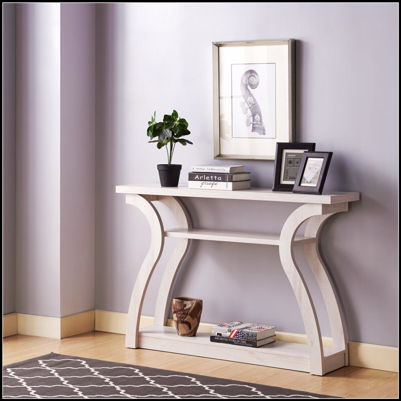 Entryway Sofa Hall Console with Curvy Leg Design, Two Spacious Shelves, and Thick Top Panel in White Oak