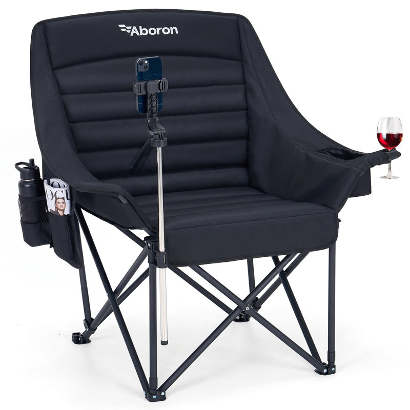 Oversized Padded Stadium Chair, Folding Spectator Chair with Phone Holder & Side Pocket for World Cup Sports Events, Black