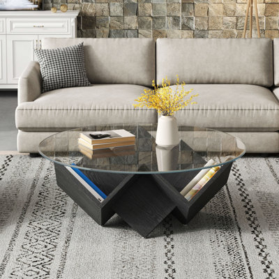 La table basse ronde avec plateau en verre et tablettes de rangement à motif géométrique abstrait Art Déco, 35,4 po
