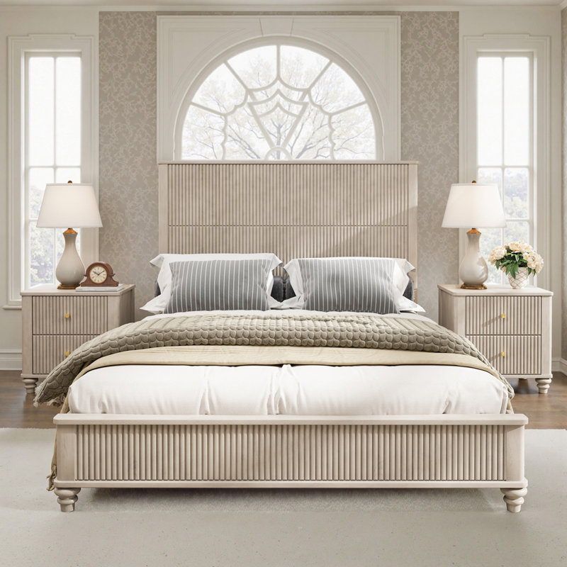 Solid Wood Bed Frame with Tall Headboard, Beige, Queen