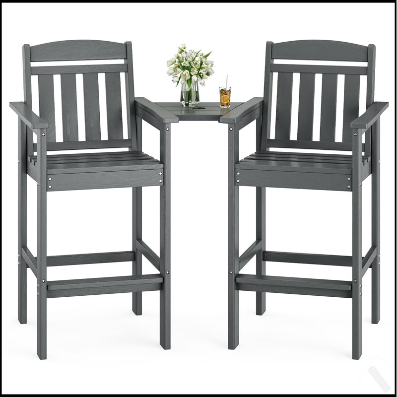 Tall Adirondack Chairs Set Of 2, HDPE Bar Stools With Connecting Tray For All-Weather Outdoor Use, Ideal For Balcony And Patio