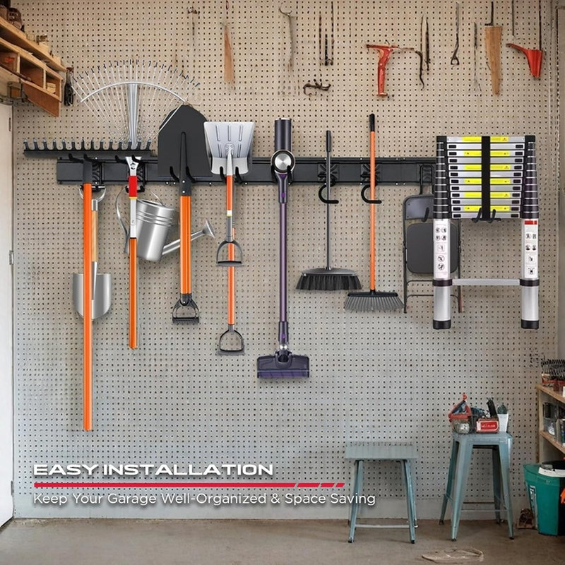 Porte-outils mural - crochets réglables, antirouille, capacité de 300 lb avec 10 crochets, 4 rails et 3 sangles - installation facile