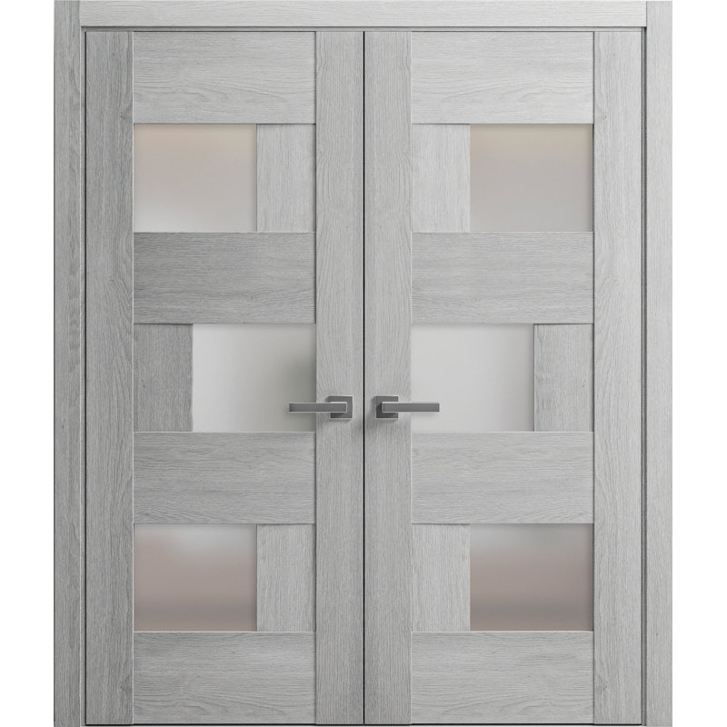 Portes françaises doubles solides | Chêne gris clair avec verre givré Sete 6933, 84 po x 80 po