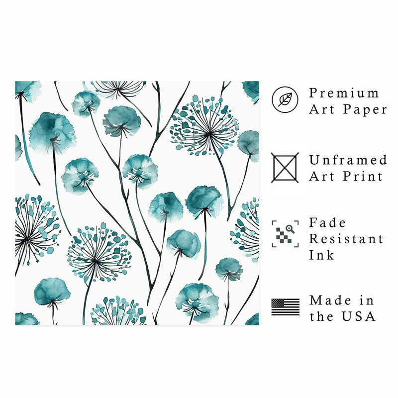 «Botanical Turquoise Teal Dandelions IV», reproduction d'art moderne sans cadre, H 24 po x l 24 po