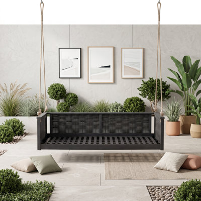 Twin Outdoor Swing Bed with Handwoven Rattan and Long Hanging Ropes for Porch, Backyard and Garden Lounging