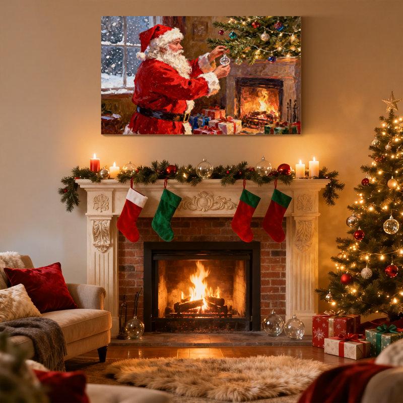«Christmas Santa Decorating Christmas Tree By Fireplace», ensemble de 3 impressions murales sur toile, H 20 po x l 30 po