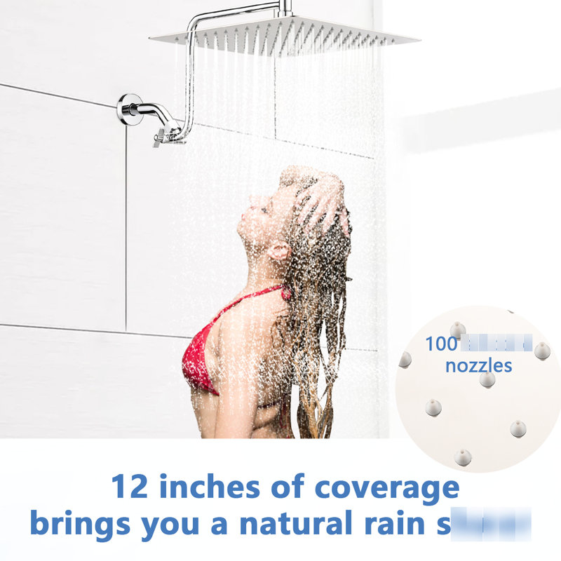 12 Inch Rain Shower - Adjustable Arm In Stainless Steel, Full Body Spray, Wall Mounted Fixture 12" Steel Head With Corrosion , 144 Nozzles, Bathroom