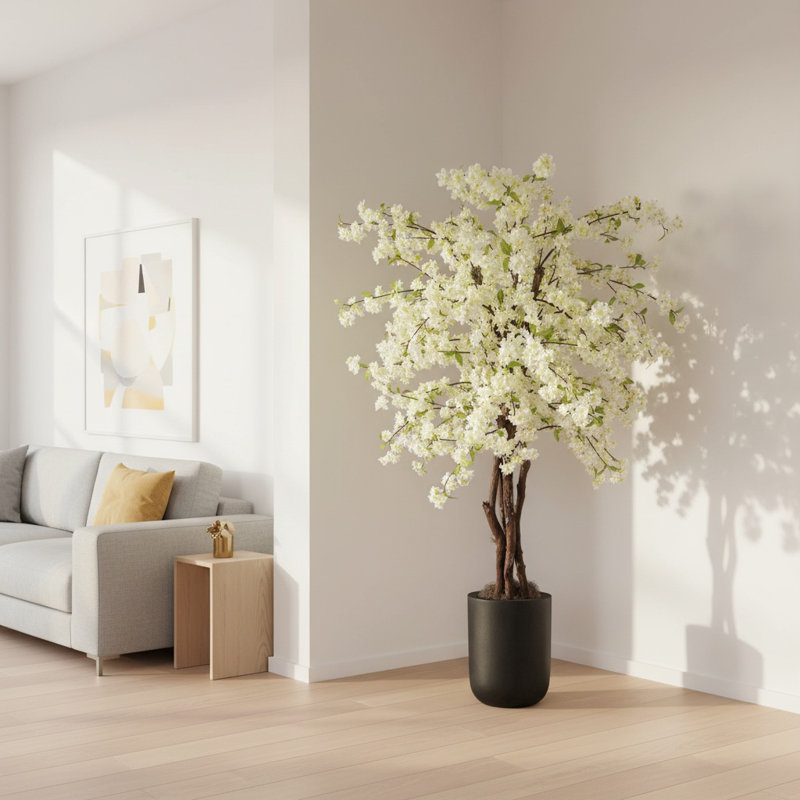 Faux Cherry Blossom Tree Plant in Fiberstone, Black