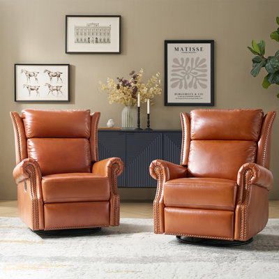 Theopal Traditional Waxed Leather Manual Swivel Glider Recliner with Nailheads(Set of 2)