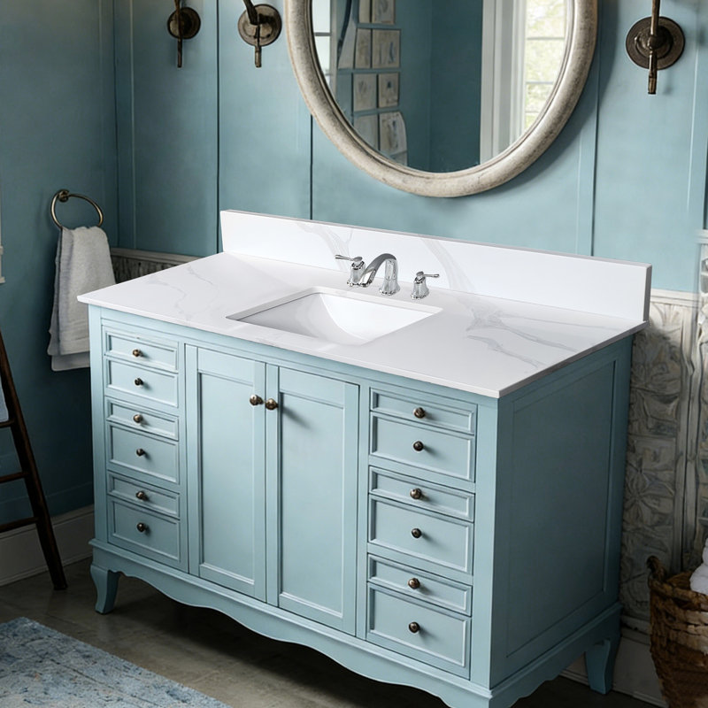 Meuble-lavabo à quartz 43 po avec lavabo central encastrable 43 po, 4 dosserets hauts, 3 trous de robinet pré-percés, teinture, plateau blanc de style moderne américain pour salle de bain, luxe simple chauffant