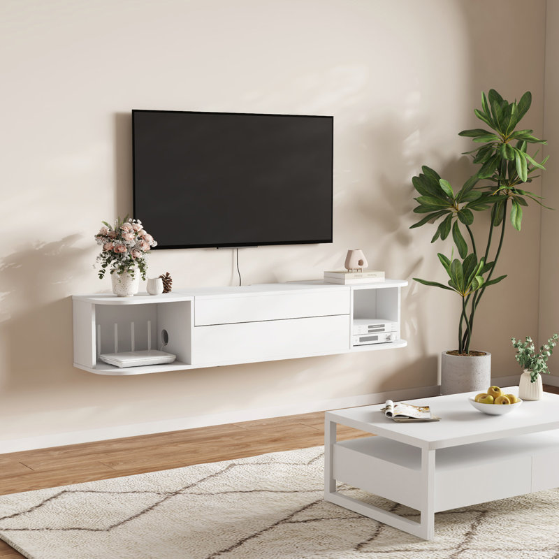 Floating Tv Stand For Up To 50" Tv, Wall Mounted Entertainment Center With Power Outlets And Usb Ports, Large Storage Space With Sliding Tabletop, Open Shelves, White