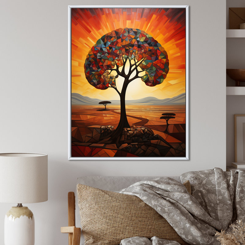 Cubist African Tree Landscape 4 - Art mural arbre africain, Cadre flottant blanc, H 32 po x l 16 po x P 1 po