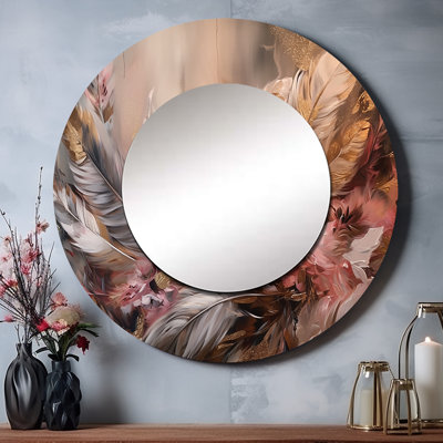 Qadry or plume Wanderlust VI - miroir mural décoratif plume Glam, miroir rond doré, impression d'art en métal