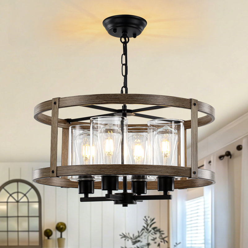 4-Light 20 inch Dimmable Farmhouse Drum Chandelier with Cylinder Glass Shade, Convertible Semi-Flush Mount Light