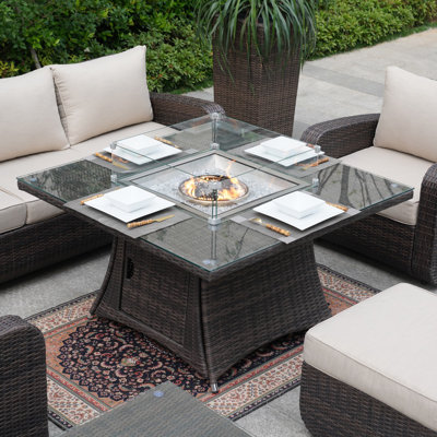 Table de foyer d'extérieur au propane en osier avec couvercle H 27,56 po x l 47,25 po Bjana