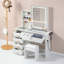 Bureau de maquillage avec miroir lumineux, 5 tiroirs et tablettes ouvertes