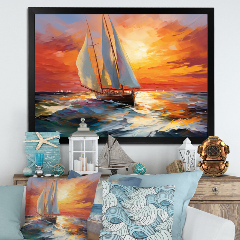 Minimalism Sailboat Rhythms VI - Sailing Boat Wall Art Prints, H 16 po x l 32 po x P 1 po, Cadre simple noir
