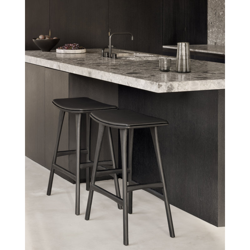 Osso Upholstered Stool with Solid Wood Frame, Varnished Black/Black
