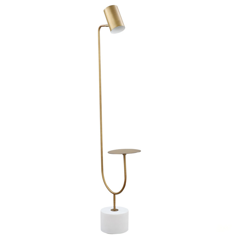 Lampe sur pied Corletta en laiton antique et gris avec plateau rond, parfaite pour ajouter élégance et fonctionnalité à n'importe quelle pièce