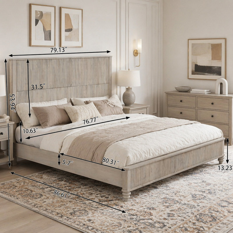 Ensemble de chambre à coucher 3 pièces avec très grand lit et 2 tables de chevet, Beige, Très grand lit