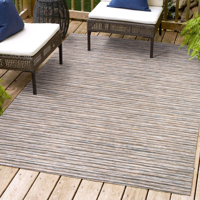 Amold Modern Farmhouse Pinstripe Dark Gray/Blue Indoor/Outdoor Rug, Rectangle 4' x 6'