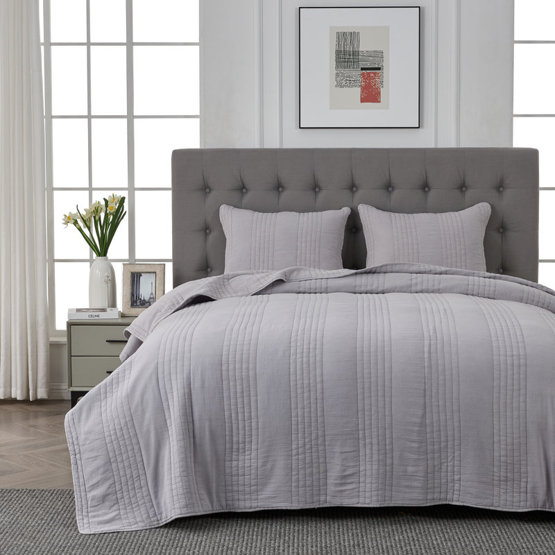 Kosovo Grimshaw 100% Cotton Quilt Set, Twin Quilt + 1 Standard Sham, Light Gray