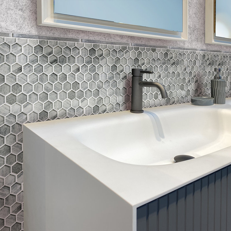 1.9" x 1.9" Glass Hexagon Mosaic Tile, Gray