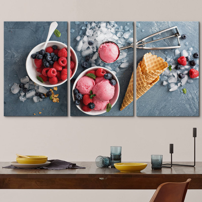 Décoration murale moderne crème glacée à la framboise dans un bol blanc, Toile tendue, H 24 po x l 48 po