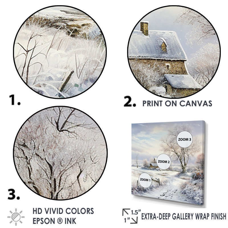 «Farmhouse Snow Winter Scenery» - art mural neige, 44" H x 44" W, Toile tendue