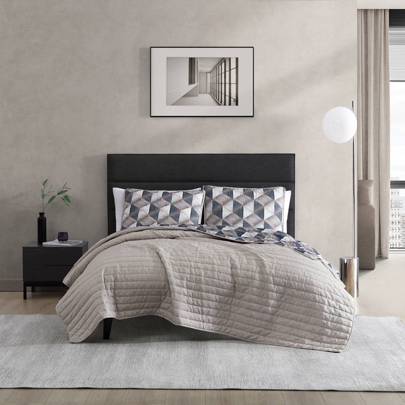 Ensemble de courtepointe réversible brun Kenneth Cole Gridwork, Courtepointe grand + 2 couvre-oreillers standard