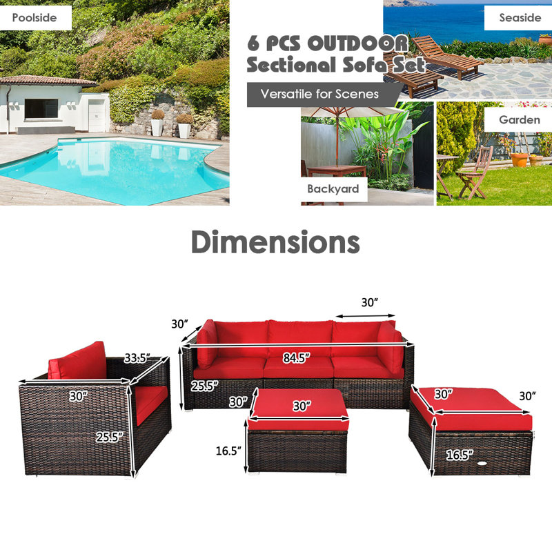 6 - Person Patio Conversation Set with Cushions, Red