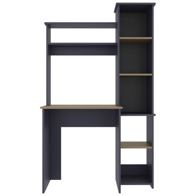 Bureau moderne autoportant bleu marine, idéal pour les petits espaces de bureau, avec deux étagères et un compartiment de rangement latéral pour dossiers. Convient également au salon.