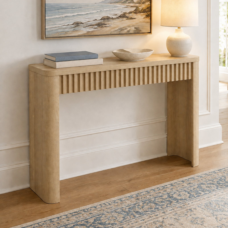 Abdel 39.4" Fluted Console Table with Mid-Century Modern Styling, Oak, 29.5" H x 39.4" W x 11.8" D