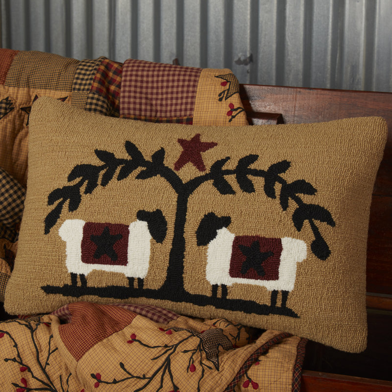 Heritage Farms Tan Wool-Cotton Sheep and Star Hooked Pillow