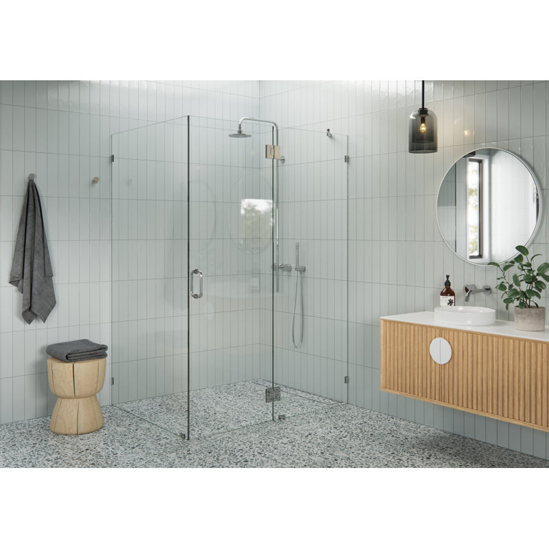 Cabine de douche à charnière en verre sans cadre à 90 degrés Halo 55 po x 44 po x 78 po Halo, Chrome poli