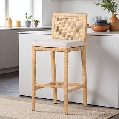 Malina Bohemian Style Rattan Bar Stool in White/Natural Rattan, 41.77'' H X 16.86'' W X 20.56'' D