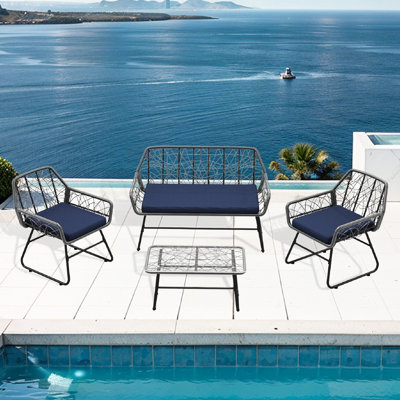 Sièges de jardin modernes avec 4 pièces - tissu anti-éclaboussures, coussins amovibles, structure en acier robuste pour profiter de l'extérieur 4 tables de groupe en verre pour terrasse