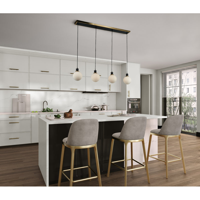 Éclairage pour îlot 4 lumières Rickey - noir - laiton brossé - verre, Blanc / Blanc