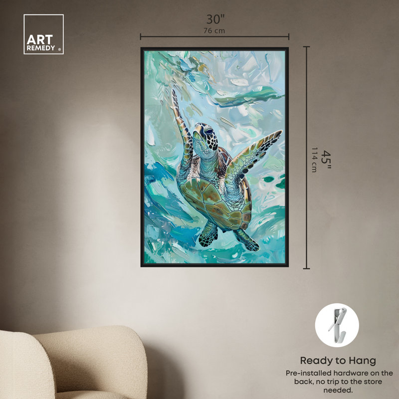 Serene Turtle Coastal Canvas Wall Art with Black Frame, 46" x 31"