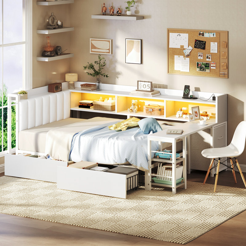 Structure de lit simple d'angle avec bureau et bibliothèque, structure de lit en L avec station de charge, lumières DEL et tête de lit tapissier, lit plateforme en métal pour adolescents, aucun sommier nécessaire