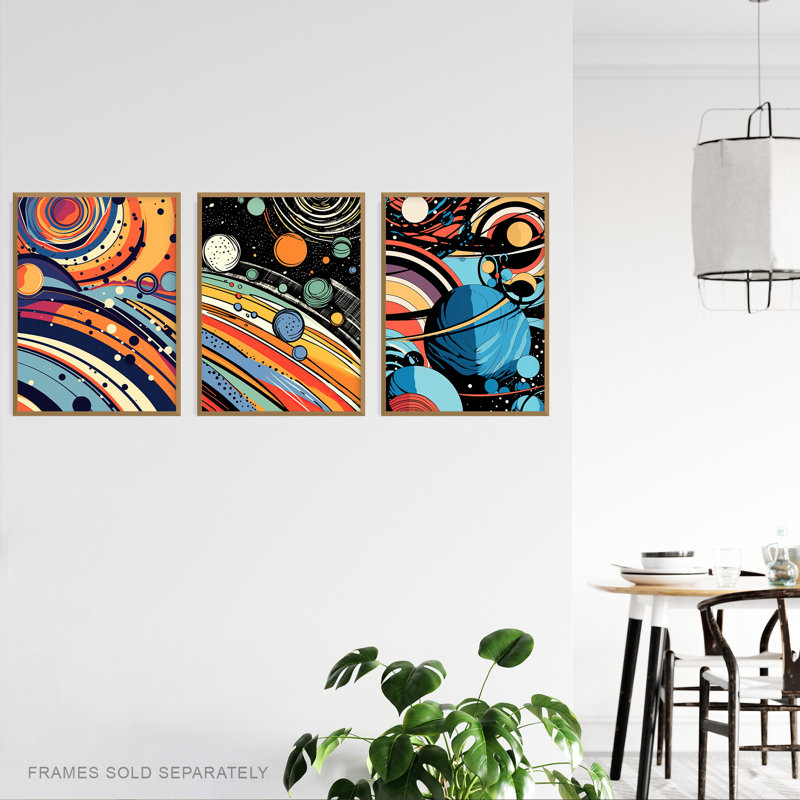 Space Cosmos Planets Abstract Comic Book Style Kids Bedroom - 3 Piece No Frame Print Set, 40.5cm H x 30.5cm W x 0.3cm D