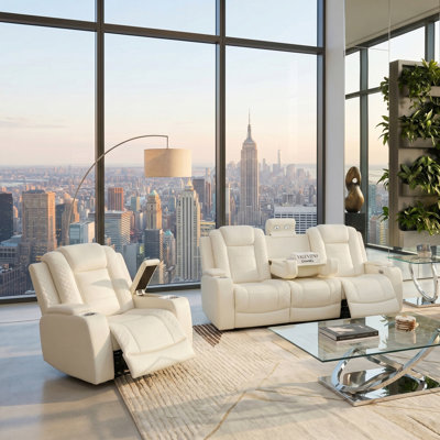 Softora  White Vegan Leather 2-Pieces  Reclining  Sectioanal Living Room Sofa And Chair With Cup-Holders ,Wireless Charging And LED Lights