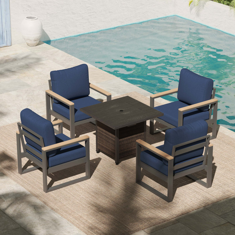 Aluminum 4-person Outdoor Sofa Seating With Fire Pit Table – Weather-resistant Olefin Cushions, Navy