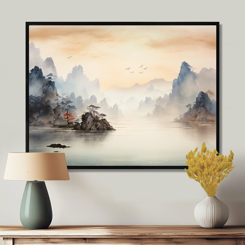 «Grey Tranquil Chinese Landscape Serenity II - China», art mural, Cadre flottant noir, H 12 po x l 20 po x P 1 po
