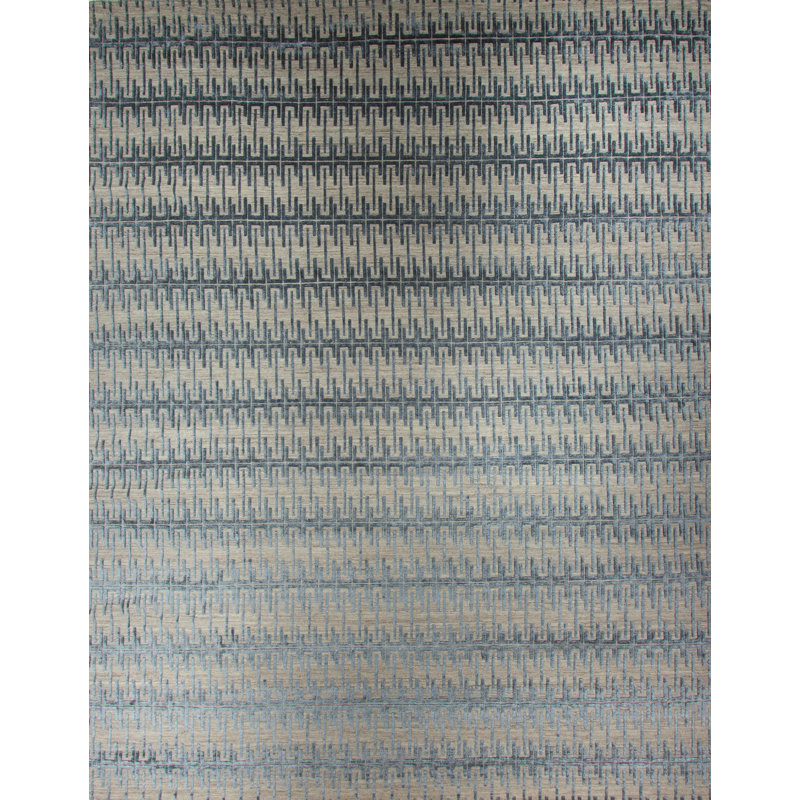 Xerxes Geometric Hand-Knotted Wool Blue Rug, Rectangle 12' x 15'