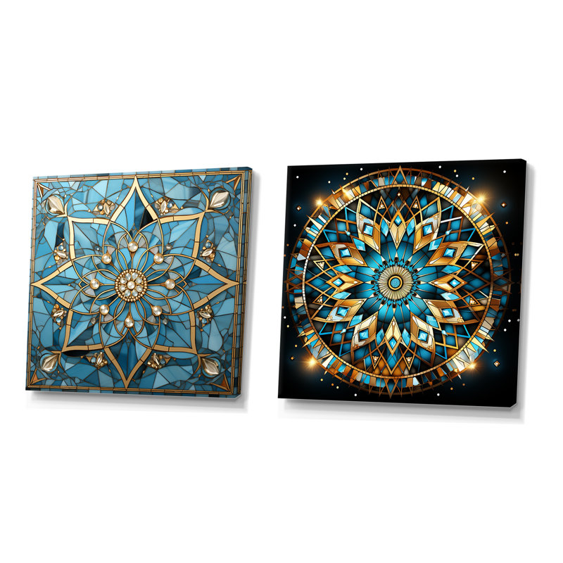 Ensemble de 2 impressions sur toile bleu et or, Toile tendue, H 16 po x l 33 po x P 1 po