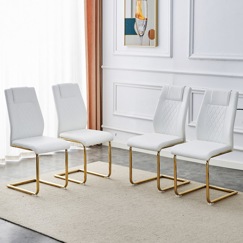 Chaises de salle à manger modernes avec sièges rembourrés et pieds en métal robustes, Blanc, 4, Doré
