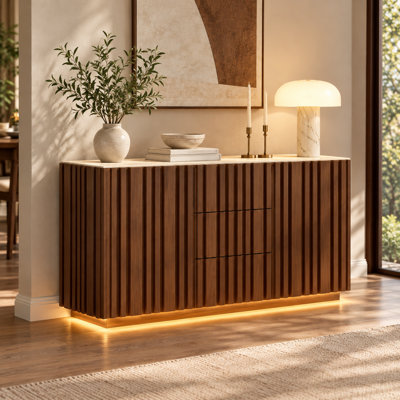 60" Walnut Sideboard Buffet Cabinet with Faux Travertine Top, Slatted Doors & LED Lighting